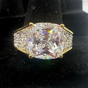 Gold-Plated Cushion Cut Solitaire Topaz Ring with Pave Band - Women Jewelry